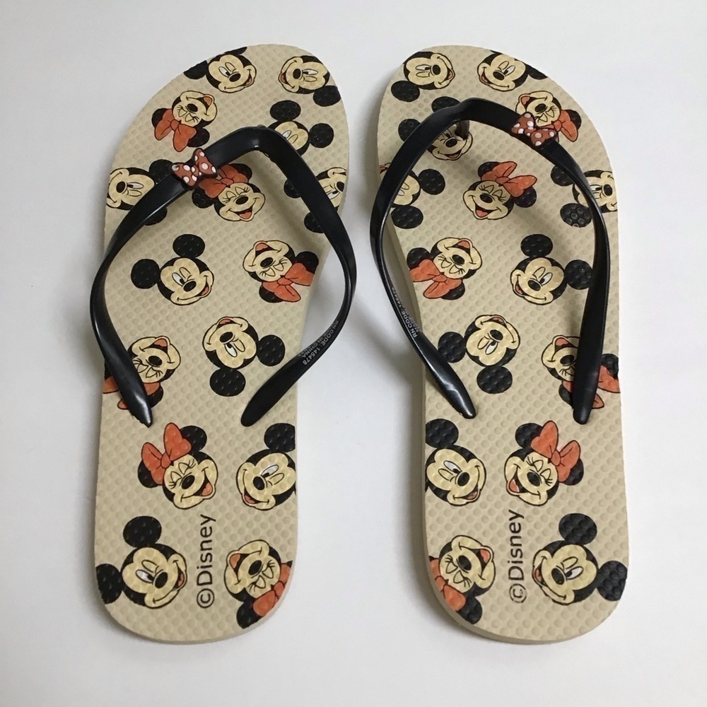 Disney SZ 10 1/2 Flip Flops Women’s Mickey and Minnie Mouse Sandals Red Bows Tan - Picture 6 of 10
